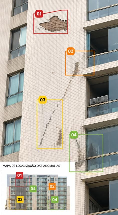 Fachada predial com anomalias numeradas e mapa de localização